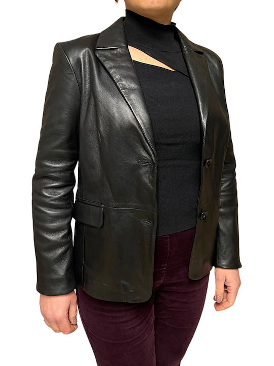 MARKOS LEATHER Γυναικείο Δερμάτινο Σακάκι Μαύρο