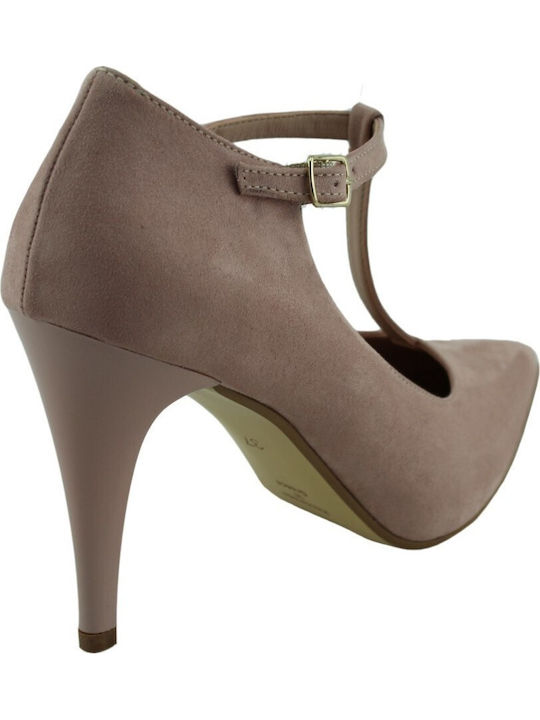 Stefania Suede Pointed Toe Beige Heels with Strap