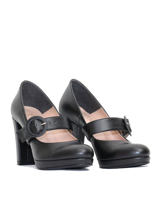 Ellen Synthetic Leather Black High Heels with Strap