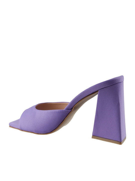 Satin Mules with Chunky High Heel in Lilac Color