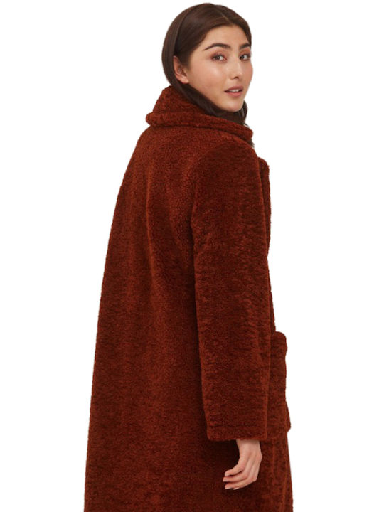 Byoung Women's Sherpa Midi Coat with Buttons and Fur Brown