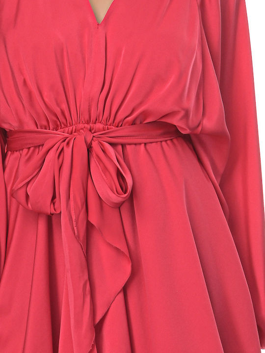 Farmaki Summer Mini Evening Dress Satin with Ruffle Fuchsia