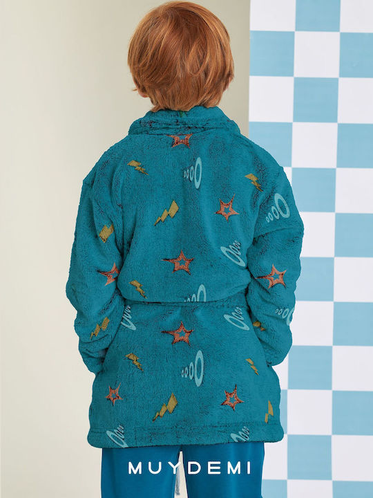 Muydemi Kinder Bademantel Winterlich Fleece Petrol Blau