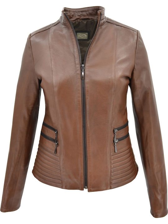 Δερμάτινα 100 Women's Short Biker Leather Jacket for Winter Brown 05-W-FOUR