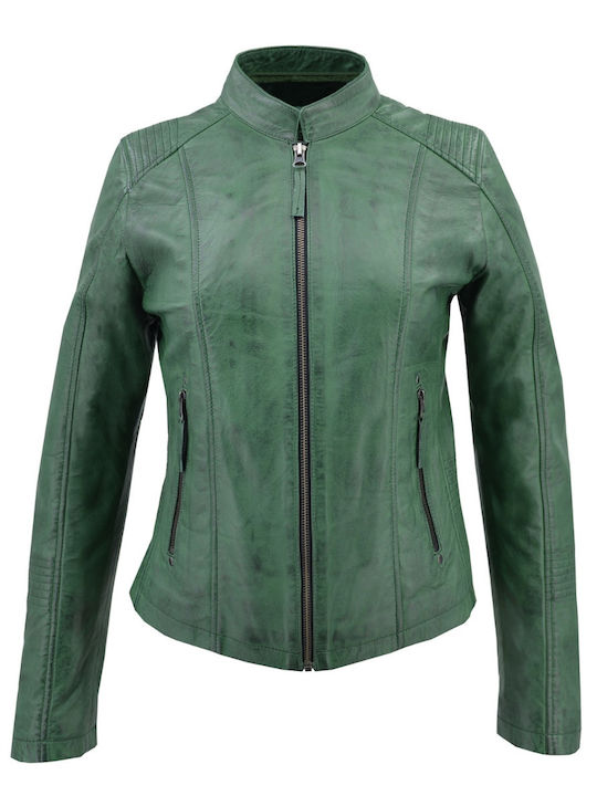 Dermatina 100 Women's Short Lifestyle Leather Jacket for Winter with Hood Green