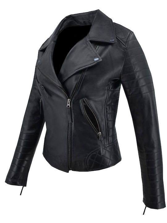Women's Short Biker Leather Jacket for Winter Black