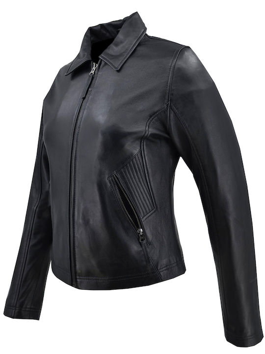 Women's Short Biker Leather Jacket for Winter Black