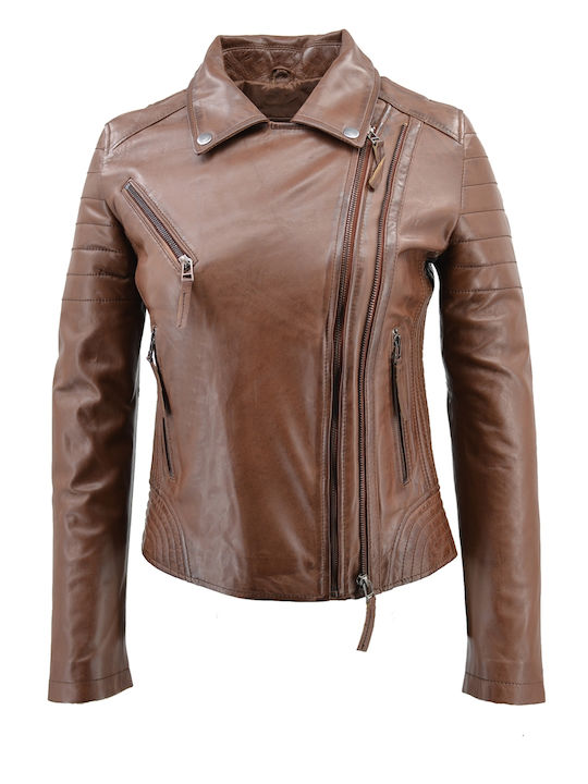 Δερμάτινα 100 Women's Short Biker Leather Jacket for Winter Tabac Brownc Brown