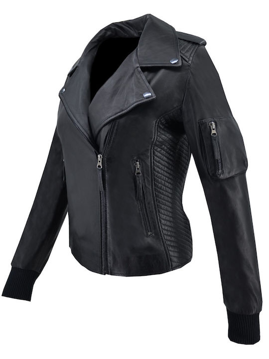 Δερμάτινα 100 Women's Short Biker Leather Jacket for Winter Black