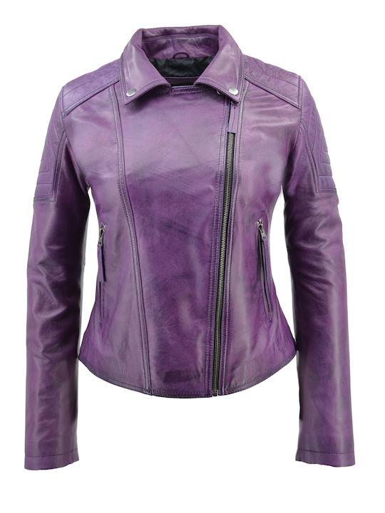 Δερμάτινα 100 Women's Short Biker Leather Jacket for Winter Purple