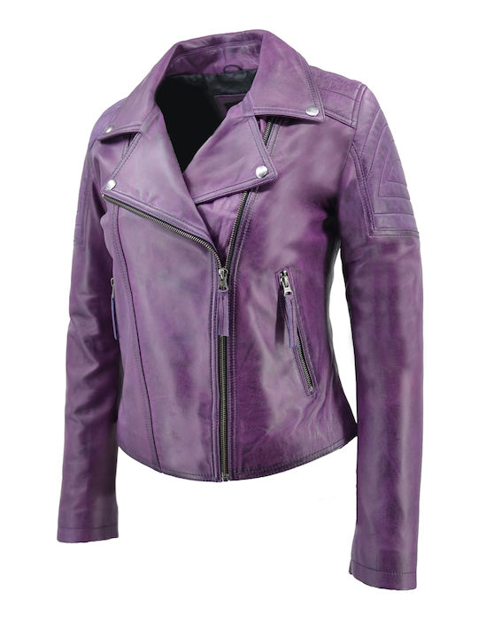 Women's Short Biker Leather Jacket for Winter Purple