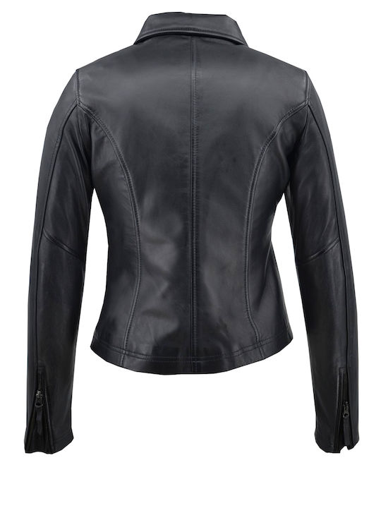Women's Short Biker Leather Jacket for Winter Black