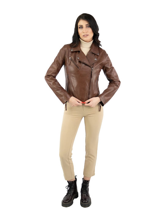 Δερμάτινα 100 Women's Short Biker Leather Jacket for Winter Tabac Brownc Brown