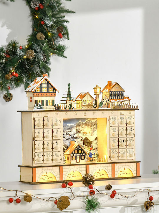 HomCom Christmas Illuminated Decorative Wooden Village Brown with Battery 44x37x10cm.