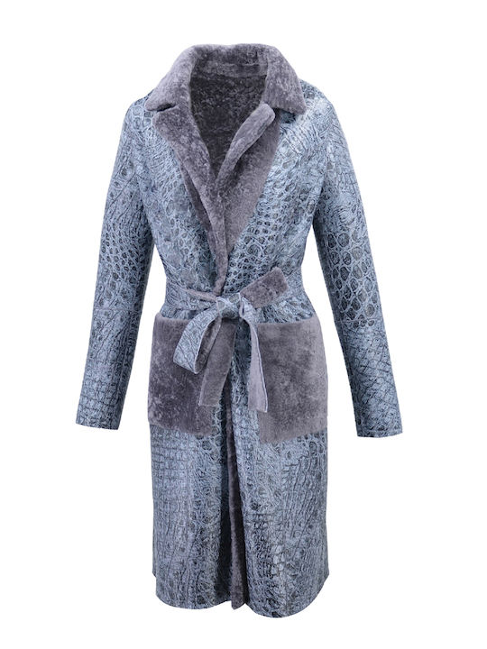 Δερμάτινα 100 Women's Mouton Midi Half Coat with Belt Gray