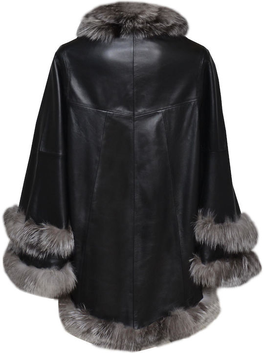 Δερμάτινα 100 Women's Leather Midi Cape with Buttons and Fur Black