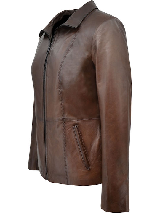 Women's Short Lifestyle Leather Jacket for Winter Brown