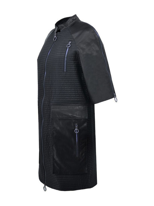 Women's Long Lifestyle Leather Jacket for Spring or Autumn Black