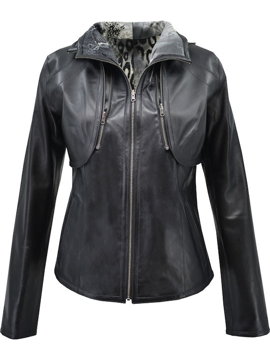 Δερμάτινα 100 Women's Short Lifestyle Leather Jacket for Spring or Autumn Black