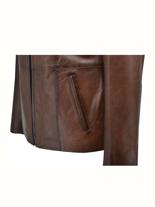 Women's Short Lifestyle Leather Jacket for Winter Brown