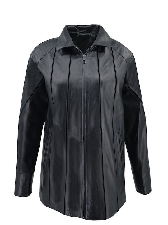 Δερμάτινα 100 Women's Short Lifestyle Leather Jacket for Winter with Hood Black