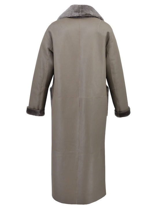 Dermatina 100 Women's Mouton Midi Coat with Zipper Beige