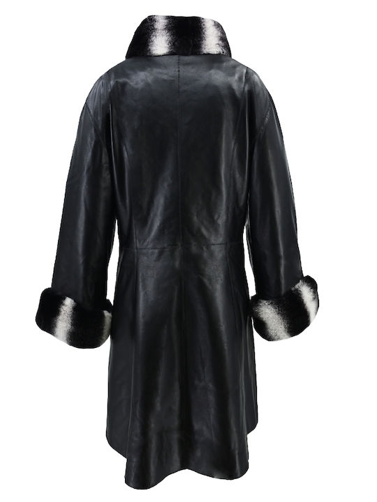 Δερμάτινα 100 Women's Long Lifestyle Leather Jacket Double Sided for Winter Black
