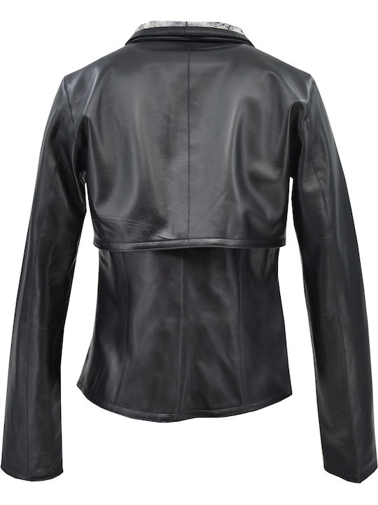 Women's Short Lifestyle Leather Jacket for Spring or Autumn Black