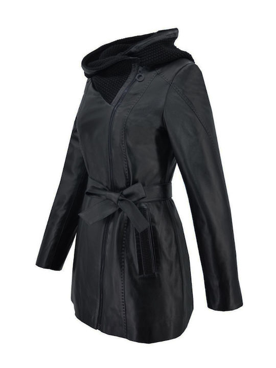 Δερμάτινα 100 Women's Short Lifestyle Leather Jacket for Winter with Hood Black