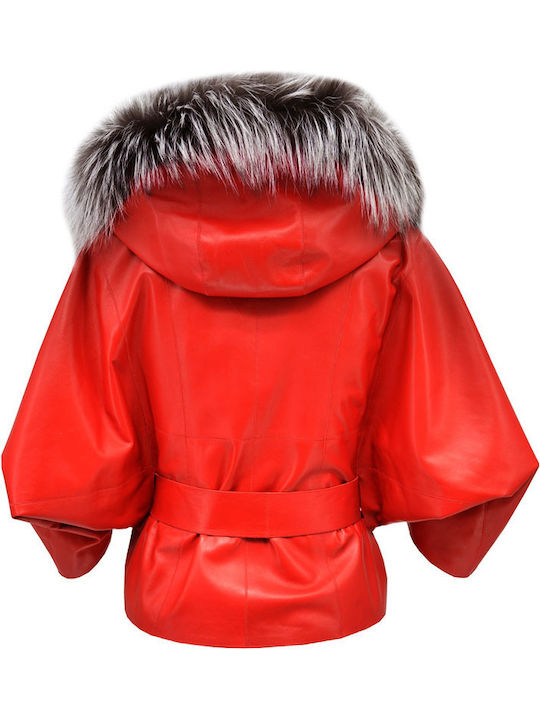 Women's Short Lifestyle Leather Jacket for Winter Red