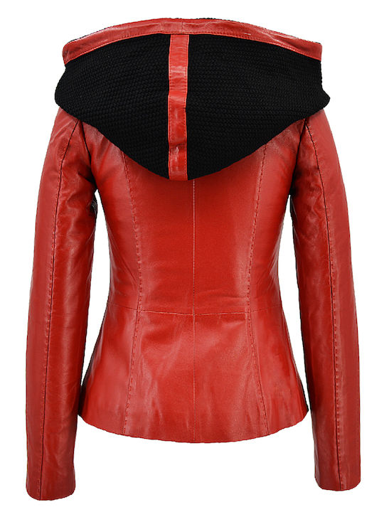 Women's Short Lifestyle Leather Jacket for Spring or Autumn with Hood Red