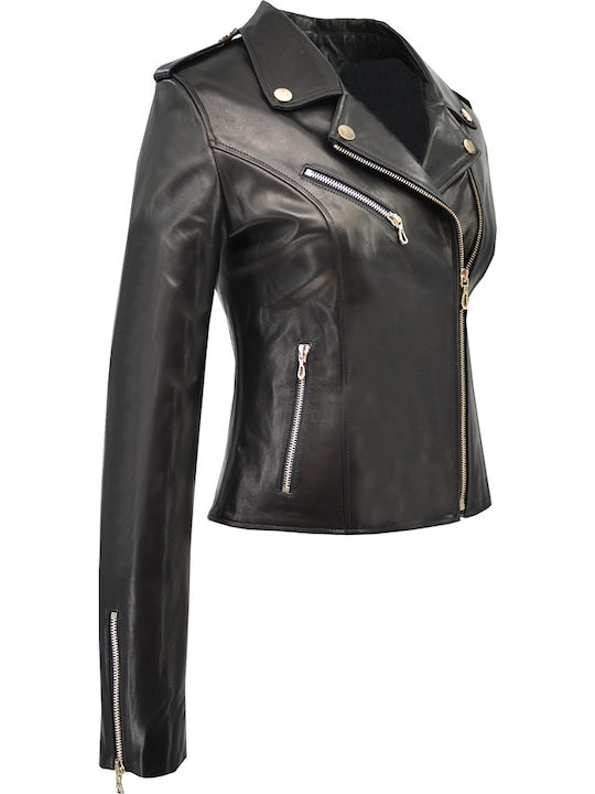 Δερμάτινα 100 Women's Short Biker Leather Jacket for Winter Black