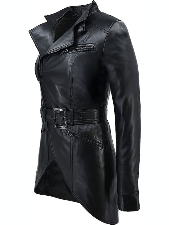 Δερμάτινα 100 Women's Long Biker Leather Jacket for Spring or Autumn Black