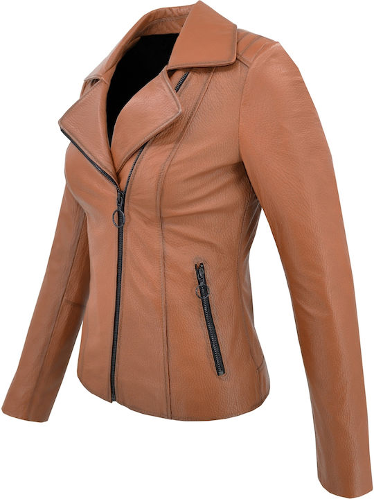 Δερμάτινα 100 Women's Short Biker Leather Jacket for Winter Tabac Brownc Brown