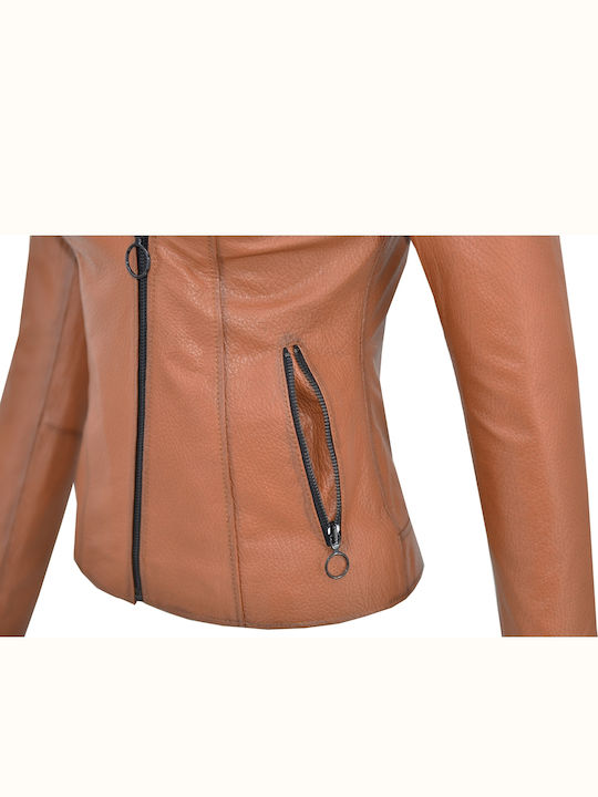 Women's Short Biker Leather Jacket for Winter Tabac Brownc Brown