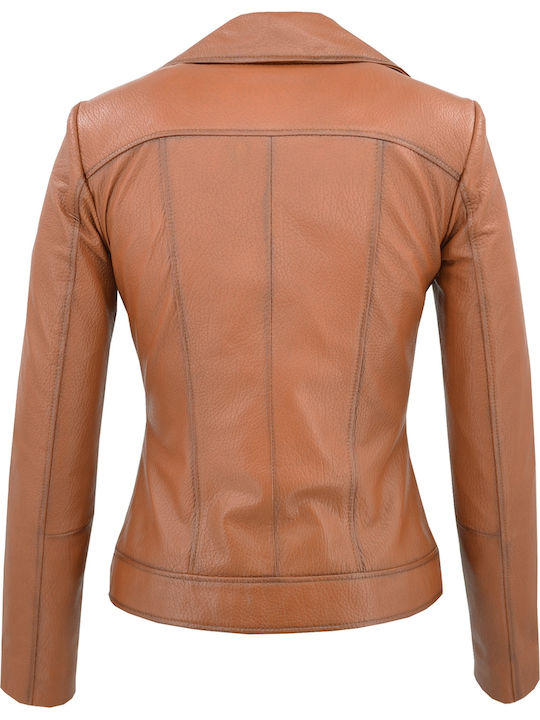 Women's Short Biker Leather Jacket for Winter Tabac Brownc Brown