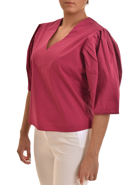 Damen Sommer Bluse Kurzärmelig mit V-Ausschnitt Blumen Fuchsie