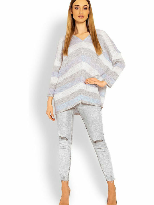 PeeKaBoo Women's Long Sleeve Sweater with V Neckline Striped Light Blue