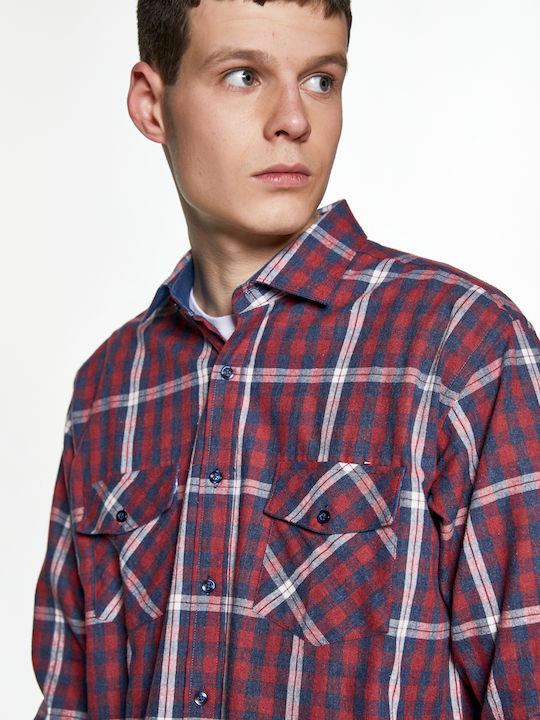 HoodLoom Men's Shirt Long Sleeve Checked Burgundy