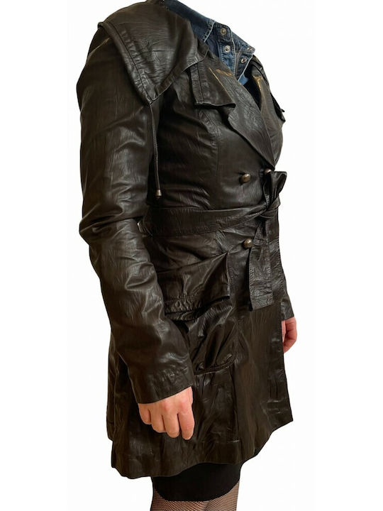 MARKOS LEATHER Women's Leather Midi Half Coat with Buttons Brown