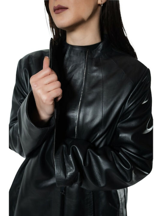 MARKOS LEATHER Women's Long Lifestyle Leather Jacket for Winter Black