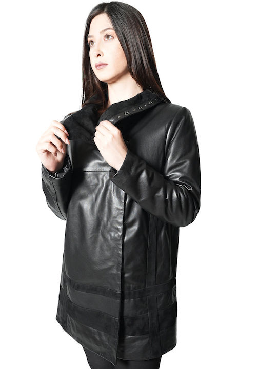 MARKOS LEATHER Women's Long Lifestyle Artificial Leather Jacket for Winter Black