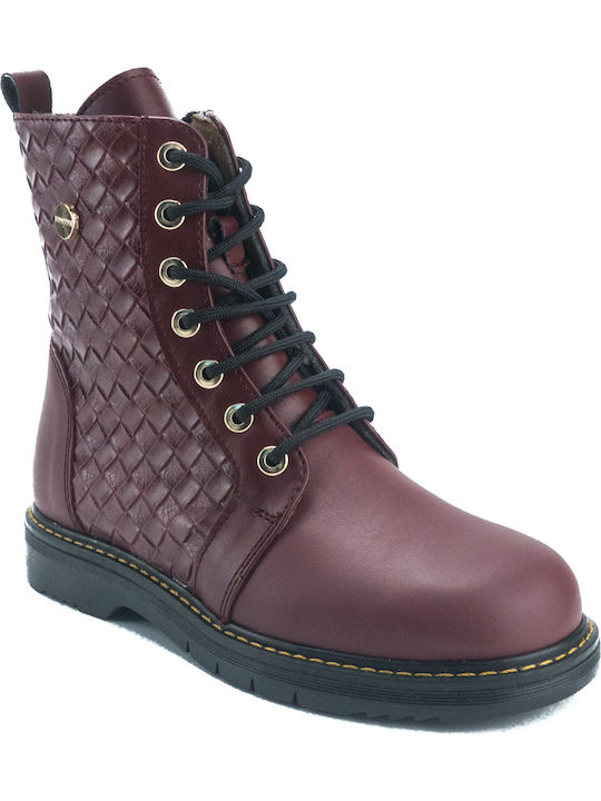 Scarpy Kids Leather Military Boots with Zipper Burgundy