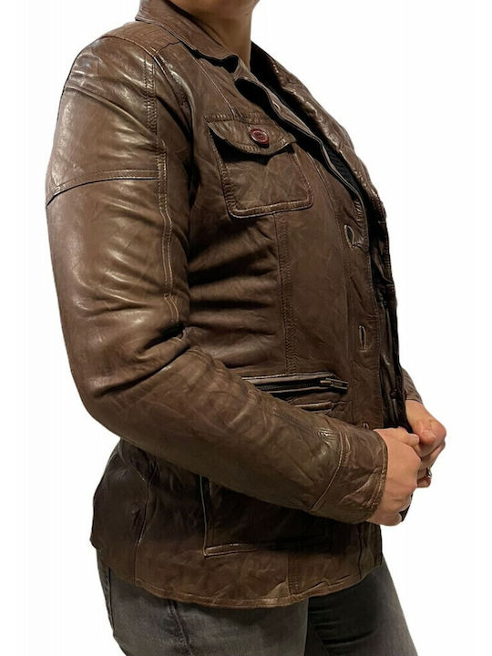 MARKOS LEATHER Γυναικείο Δερμάτινο Μεσάτο Σακάκι Καφέ