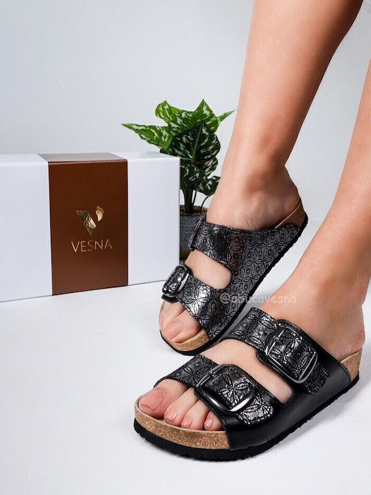 Leather Women's Flat Sandals Anatomic in Black Color