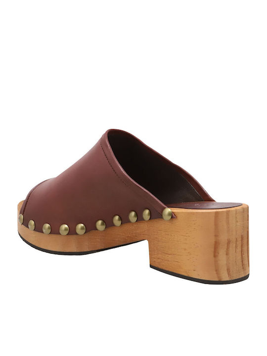 Icy Leather Mules with Chunky Low Heel in Burgundy Color