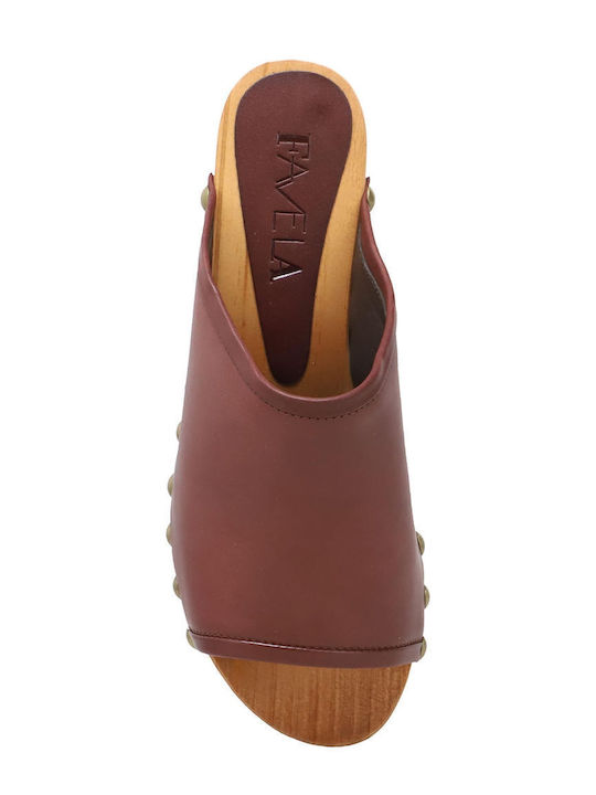 Icy Leather Mules with Chunky Low Heel in Burgundy Color