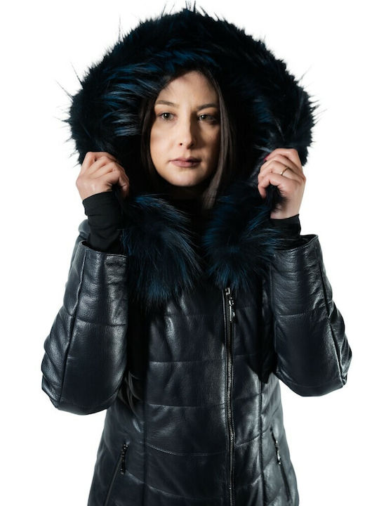MARKOS LEATHER Women's Short Lifestyle Leather Jacket for Winter with Hood Navy Blue