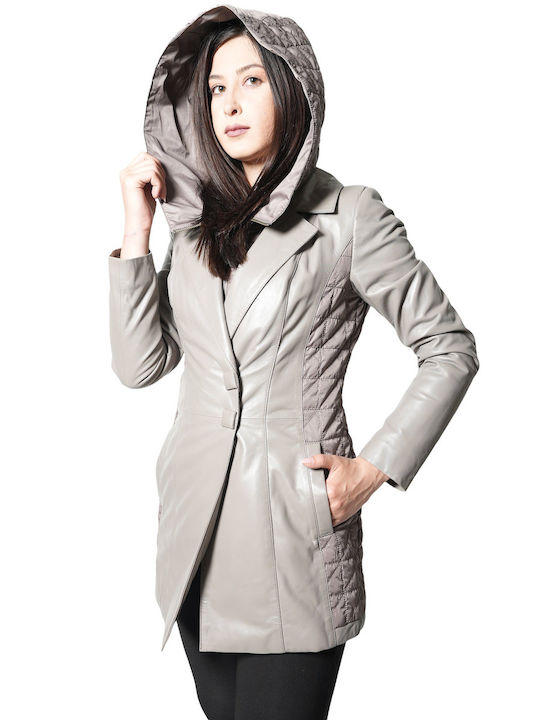 MARKOS LEATHER Women's Long Lifestyle Leather Jacket for Winter Gray