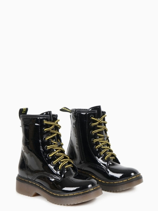 Piazza Shoes Kids Patent Leather Military Boots with Lace Black